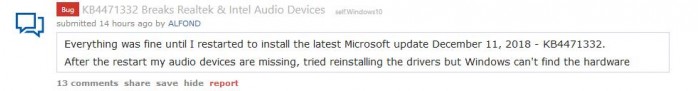 Windows 10 十月更新安装累积更新KB4471332后出现音频问题
